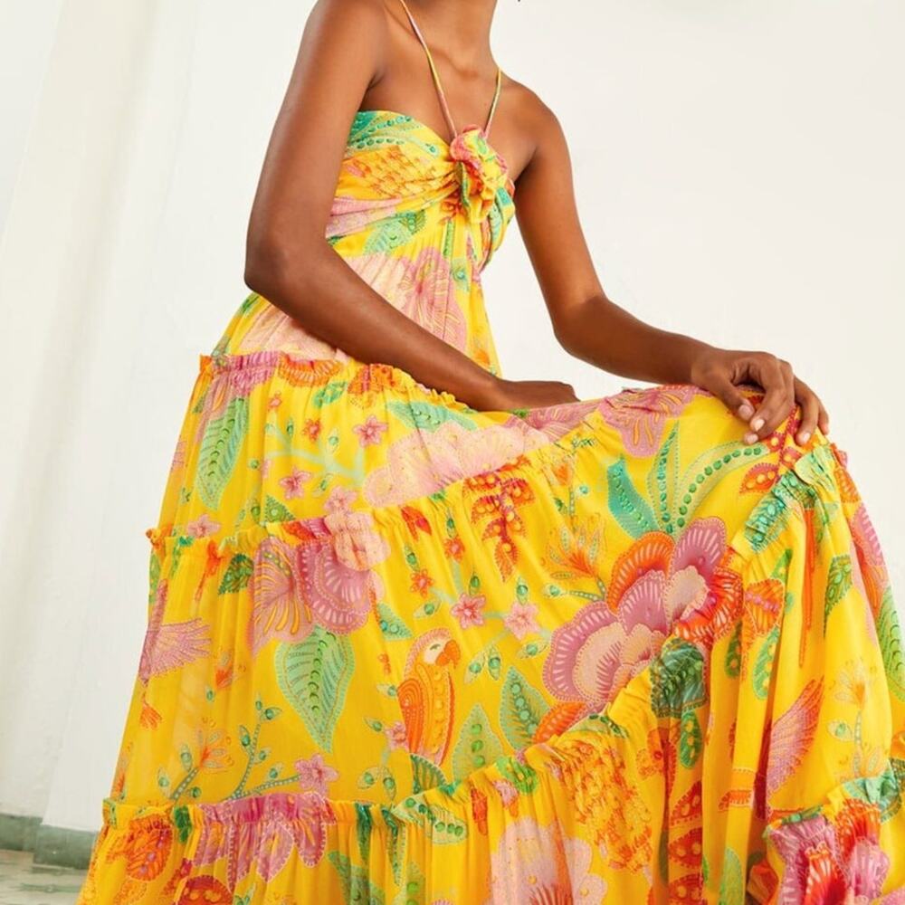 FARM RIO Macaw Blooms Rosette Maxi Dress Yellow Pink {NN10}